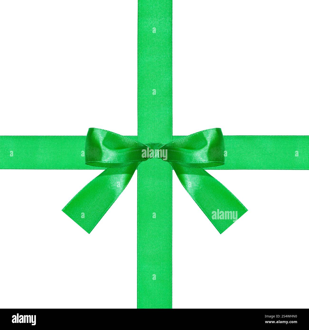 Un gros noeud papillon vert sur deux rubans de soie passage isolé sur fond blanc Banque D'Images
