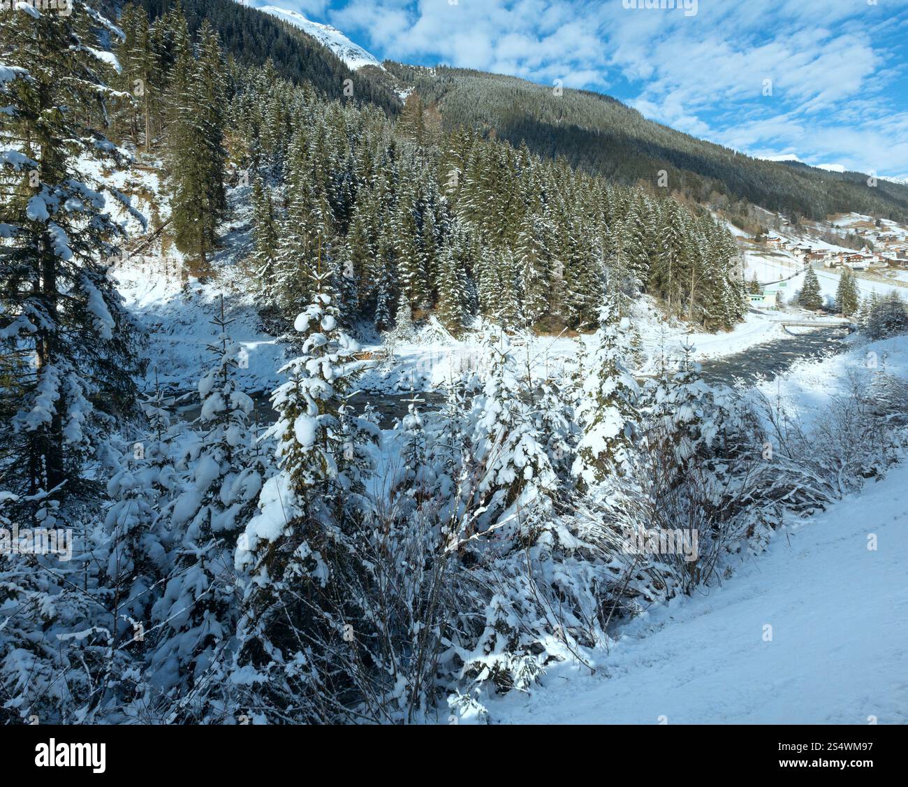 Rivière de montagne d'hiver avec snowy trees sur banque. Banque D'Images