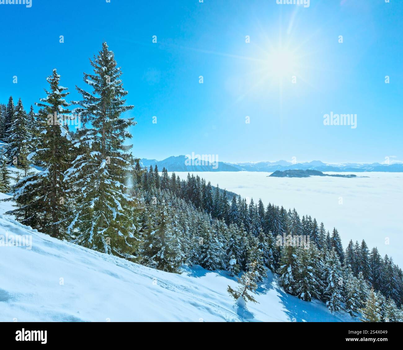 Paysage de montagne Hiver Matin de nuages dans la vallée ci-dessous (Hochkoenig région, Autriche) et l'ensoleillement Banque D'Images