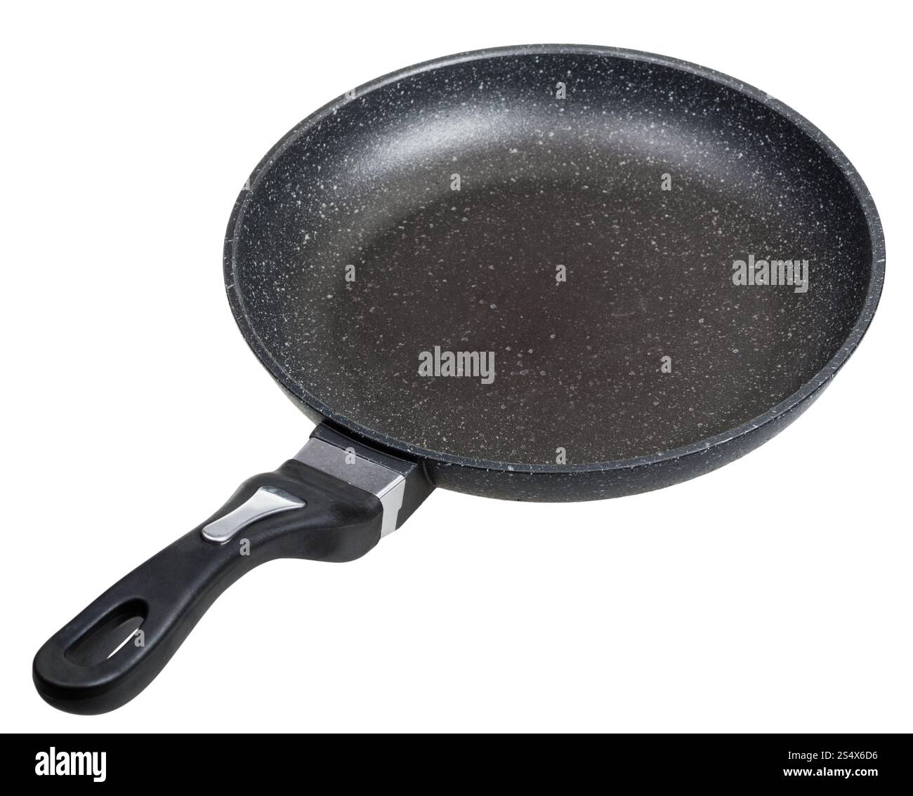 Voir ci-dessus de poêle noir ouvert isolé sur fond blanc Banque D'Images