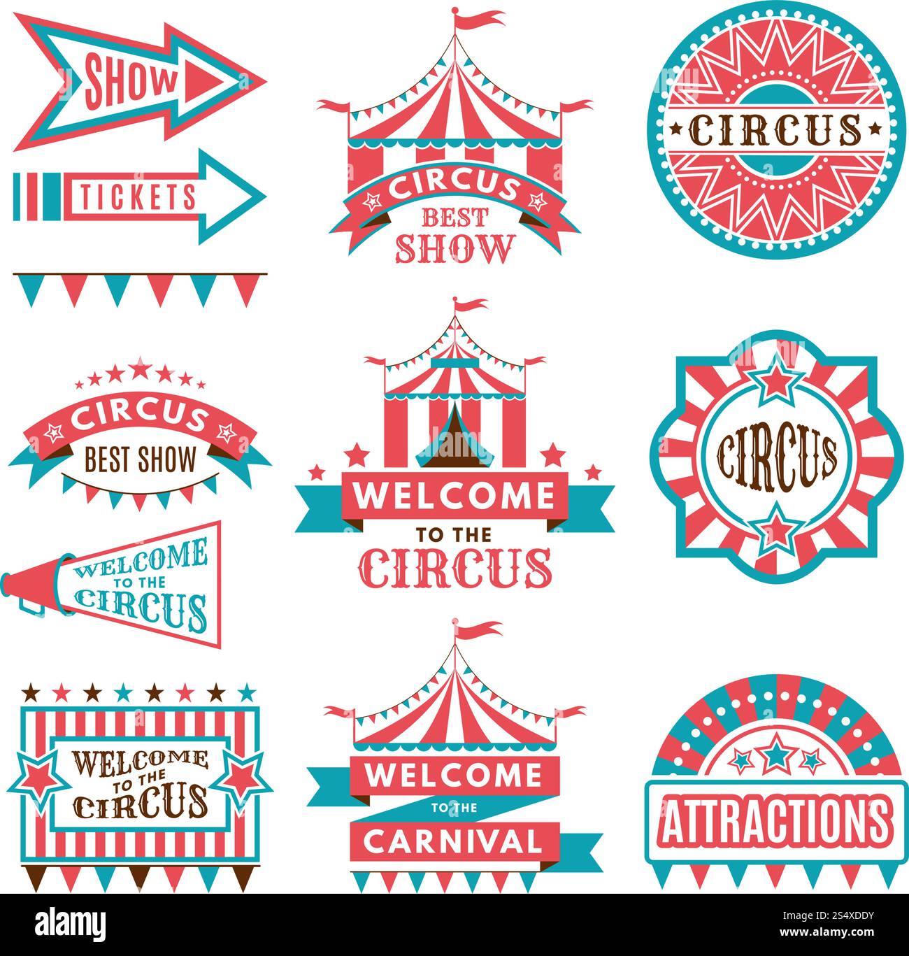 Étiquettes dans un style rétro. Logos pour divertissement de cirque. Divertissement de carnaval et de cirque, illustration vectorielle. Étiquettes dans un style rétro. Logos pour divertissement de cirque Illustration de Vecteur