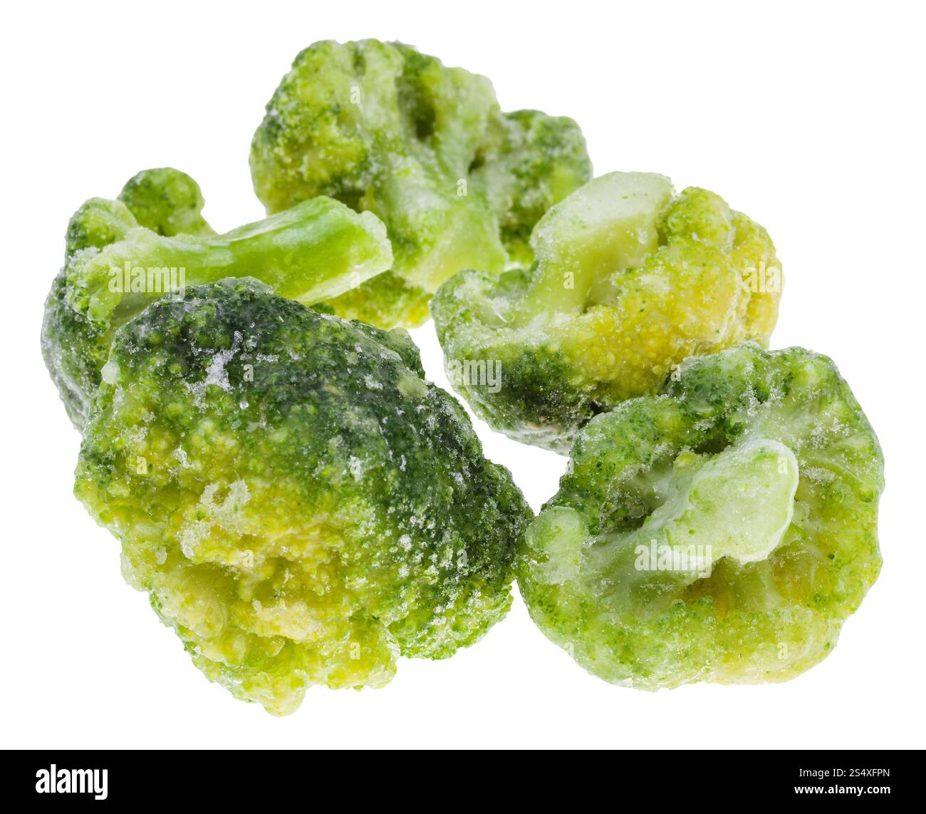 Plusieurs têtes de fleurs de brocoli surgelés isolé sur fond blanc Banque D'Images