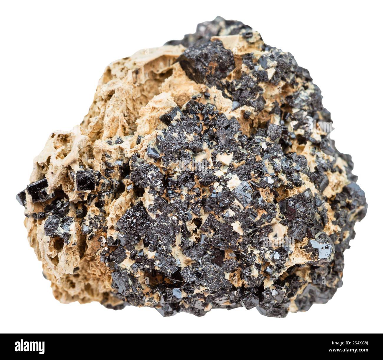 Macro tir de pierre minérale naturelle - cristaux de pérovskite (minerai de titane - minéral d'oxyde de titane de calcium composé de titanate de calcium) isolé Banque D'Images