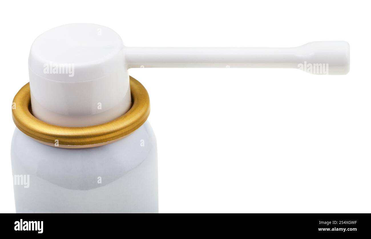 Spray blanc porte-parole des aérosols médicaux pouvez combler isolé sur fond blanc Banque D'Images