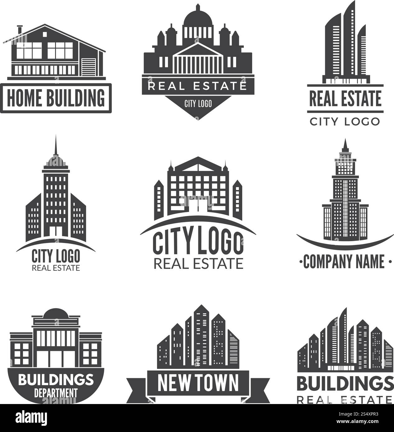 Logos immobiliers et étiquettes monochromes. Immeuble d'affaires vectoriel, illustration immobilière de maison d'étiquette. Logos immobiliers et étiquettes monochromes Illustration de Vecteur