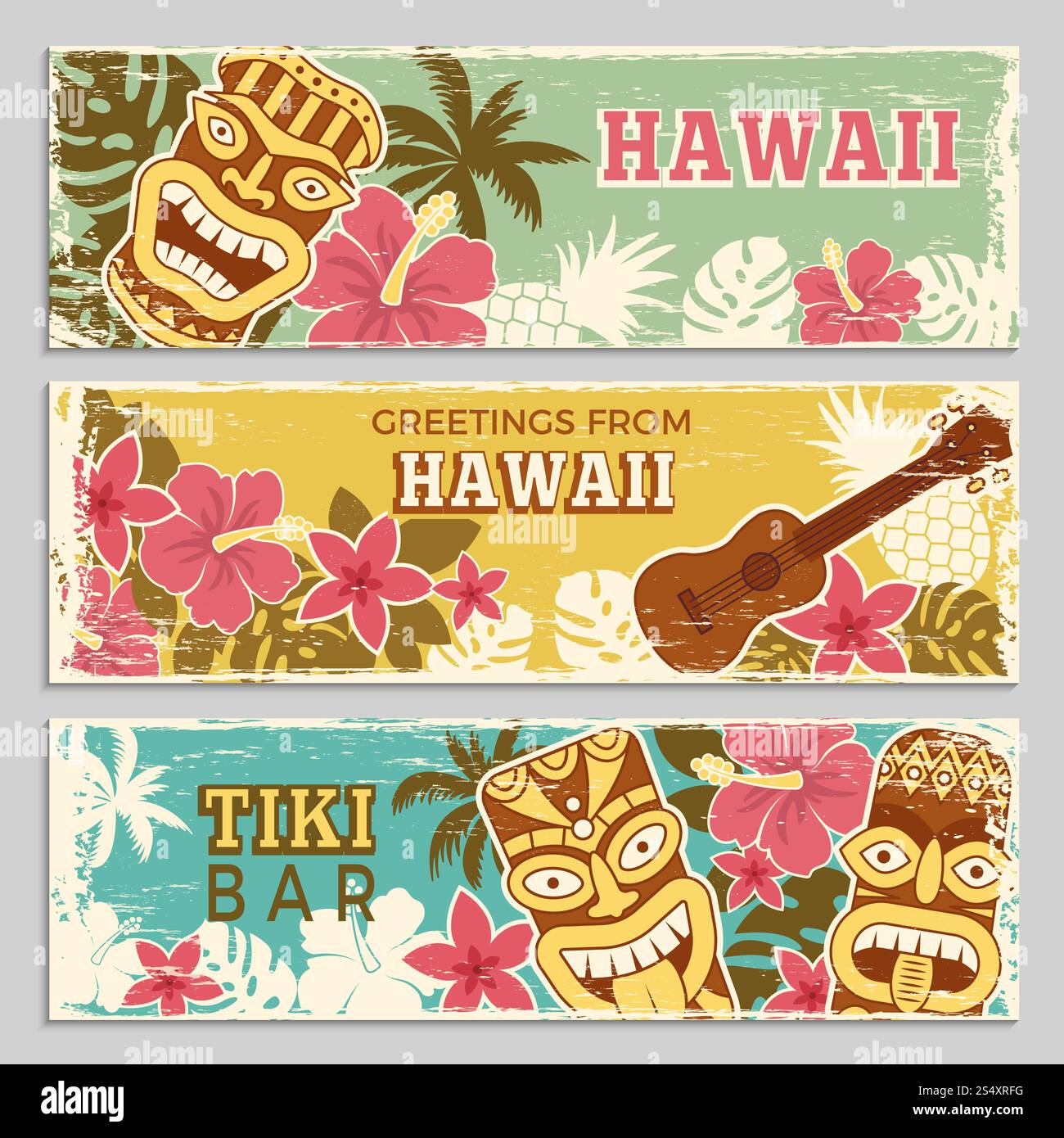 Bannières horizontales avec des illustrations de dieux tribaux hawaïens et d'autres symboles différents. Fête d'été hawaïenne, bannière avec tiki et vecteur de palme. Bannières horizontales avec des illustrations de dieux tribaux hawaïens et d'autres symboles différents Illustration de Vecteur