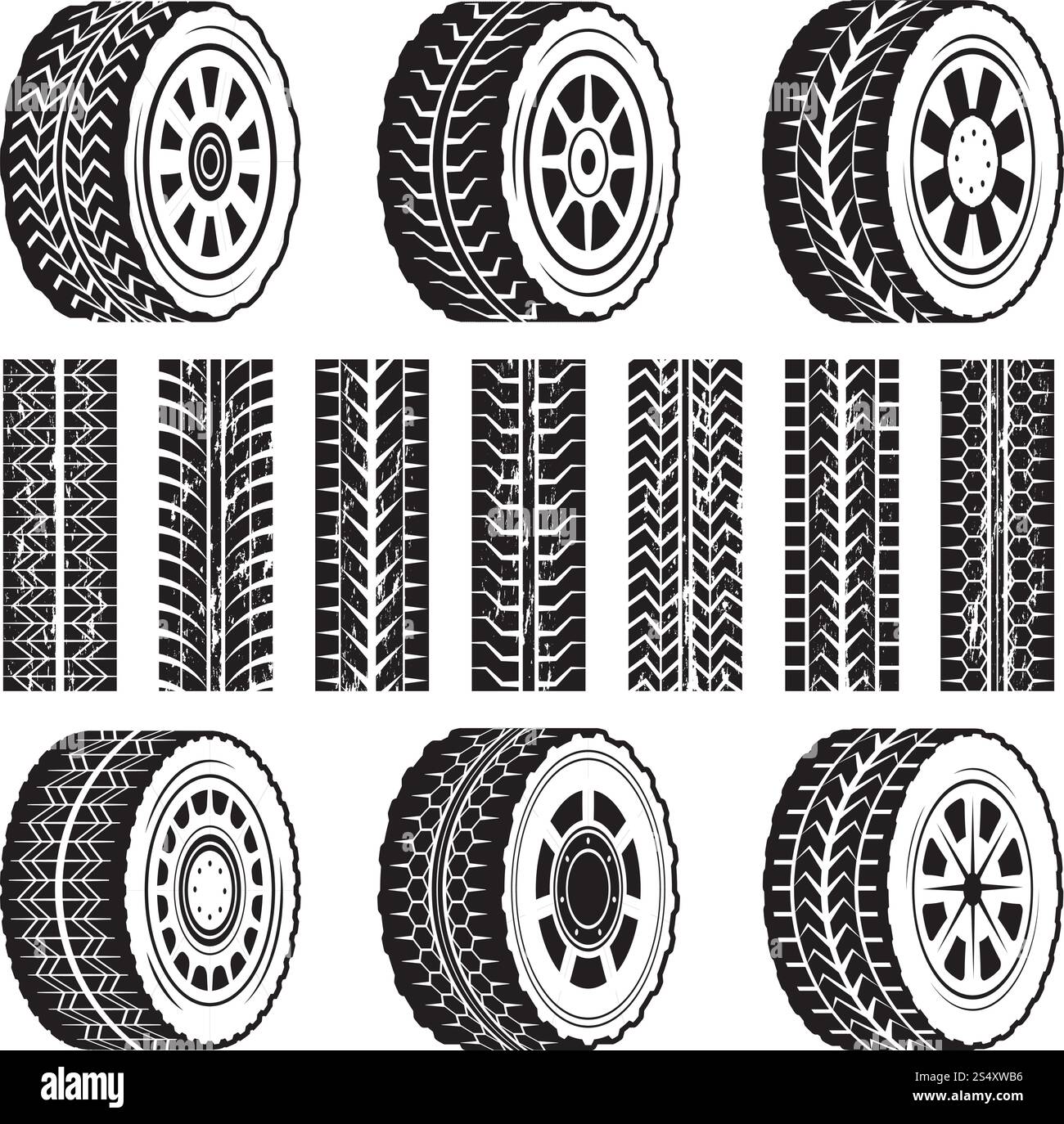 Roues de course et leurs formes protectrices. Contour de motif noir en caoutchouc de course de voiture. Illustration vectorielle. Roues de course et leurs formes protectrices Illustration de Vecteur