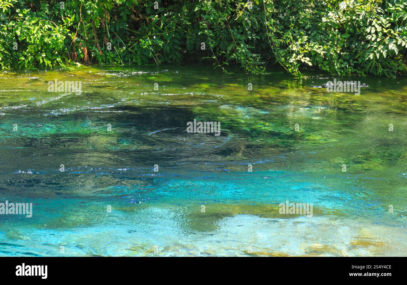 Blue Eye (printemps de l'eau) avec l'eau bleu clair vue d'été (près de Muzine à Vlore Albanie, pays). Banque D'Images