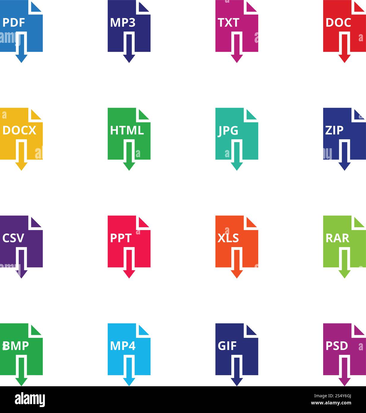 Icônes d'extensions de format de fichier. PDF et mp3, txt et doc, docx et html, jpg et zip, CSV et ppt, boutons vectoriels de téléchargement de documents xls et rar. Enregistrez le document sur l'ordinateur, téléchargez les images d'icône. Icônes d'extensions de format de fichier. PDF, mp3, txt, doc, docx, html, jpg, zip, csv, ppt, xls, rar télécharger des boutons vectoriels de document Illustration de Vecteur