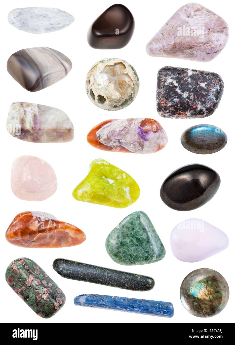 collection de diverses pierres minérales tonnelées - labradorite, tholéite, tholéite, eclogite, rhyolite, jadéite, morganite, pétalite, castorite, Banque D'Images