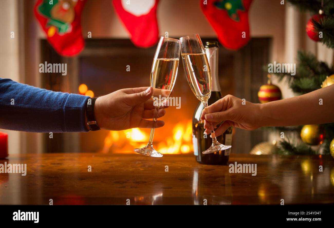 L'homme et la femme ayant le dîner de Noël et clinking glasses à côté d'une cheminée Banque D'Images L'homme et la femme ayant le dîner de Noël et clinking glasses à côté d'une cheminée Banque D'Images