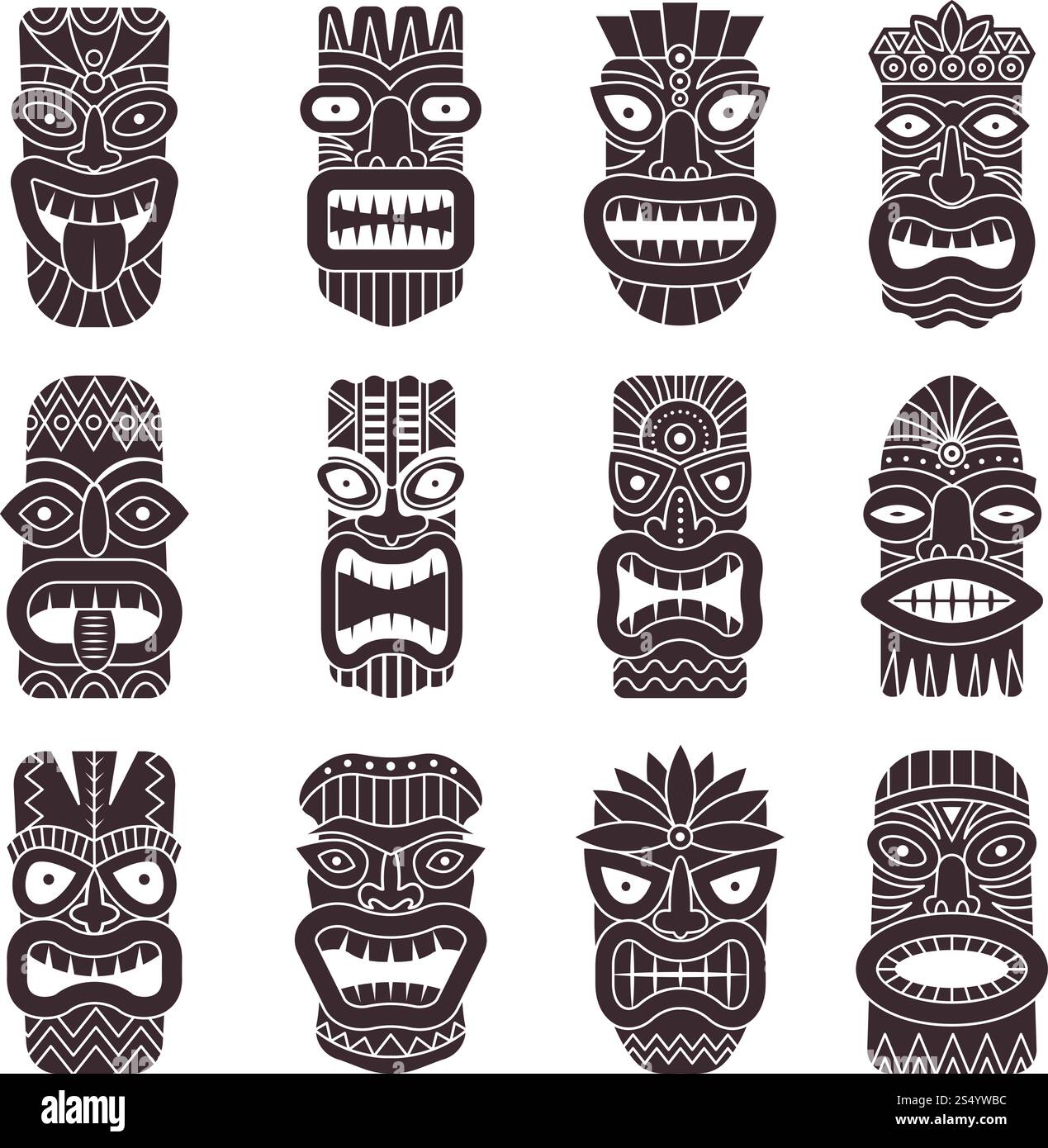 Ensemble d'illustrations vectorielles monochromes de Dieu tribal tiki. Totem tahitien blanc noir, idole Dieu hawaïen tiki avec dents et bouche. Ensemble d'illustrations vectorielles monochromes de Dieu tribal tiki Illustration de Vecteur