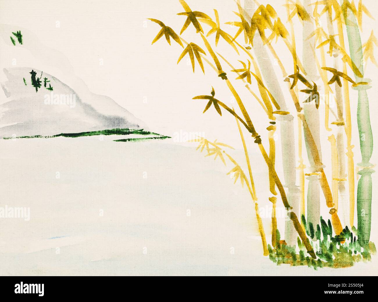 La formation en dessin suibokuga with style - paysage avec bamboo Grove et sur la montagne de papier de couleur ivoire Banque D'Images