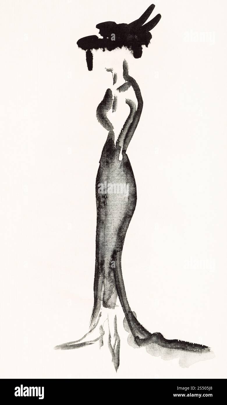 La formation en dessin suibokuga with style - Femme dans une longue robe de soirée noire sur du papier blanc Banque D'Images