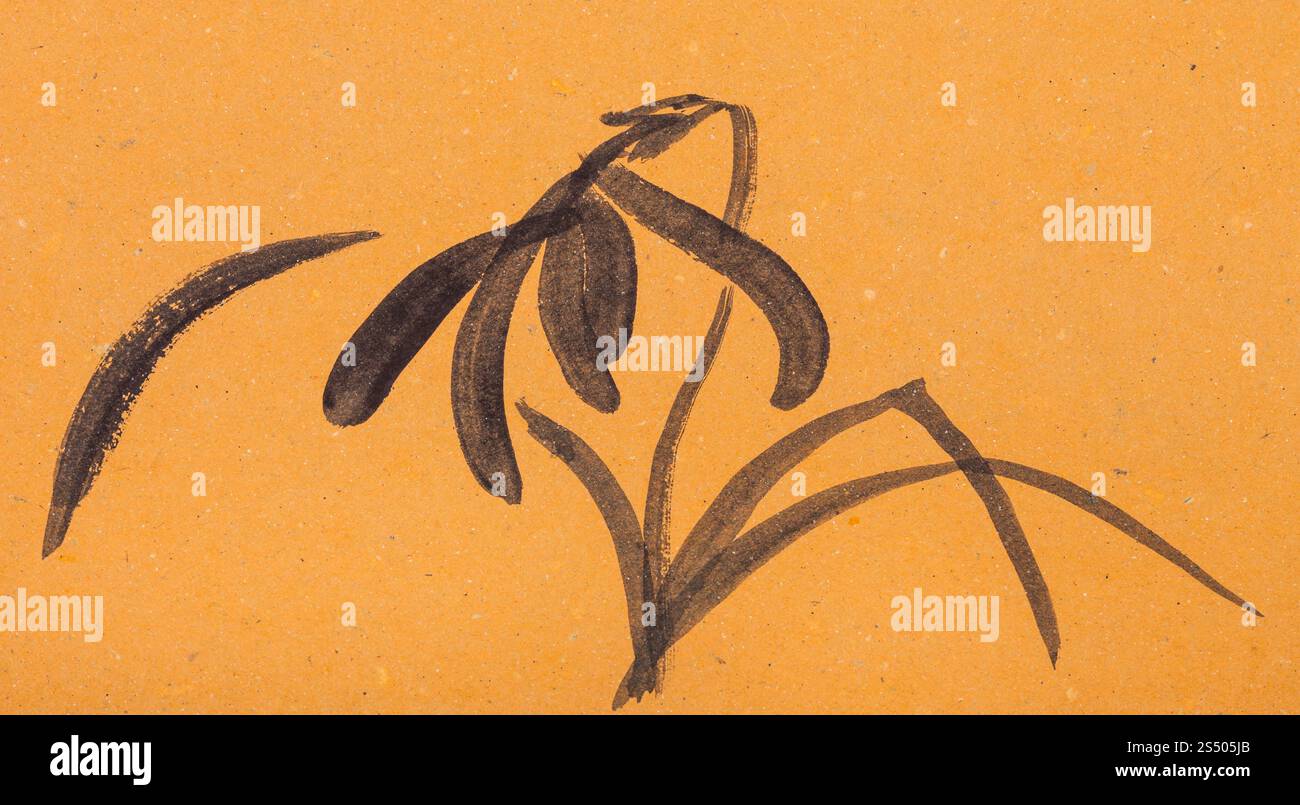 La formation en dessin suibokuga with style - croquis d'iris fleur sur du papier de couleur orange Banque D'Images