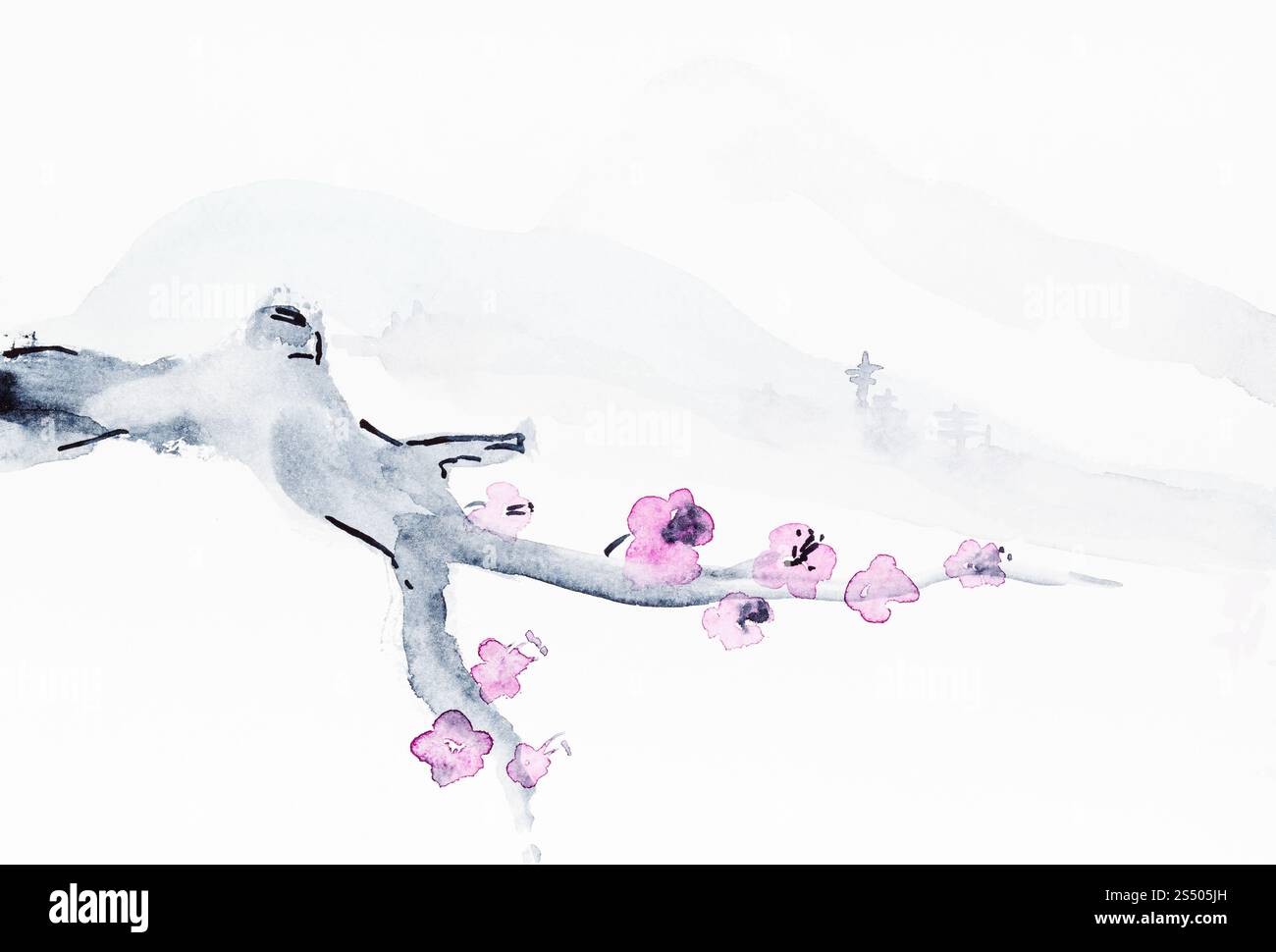 La formation en dessin suibokuga with style - succursale de sacura arbre et paysage de montagne sur papier blanc Banque D'Images