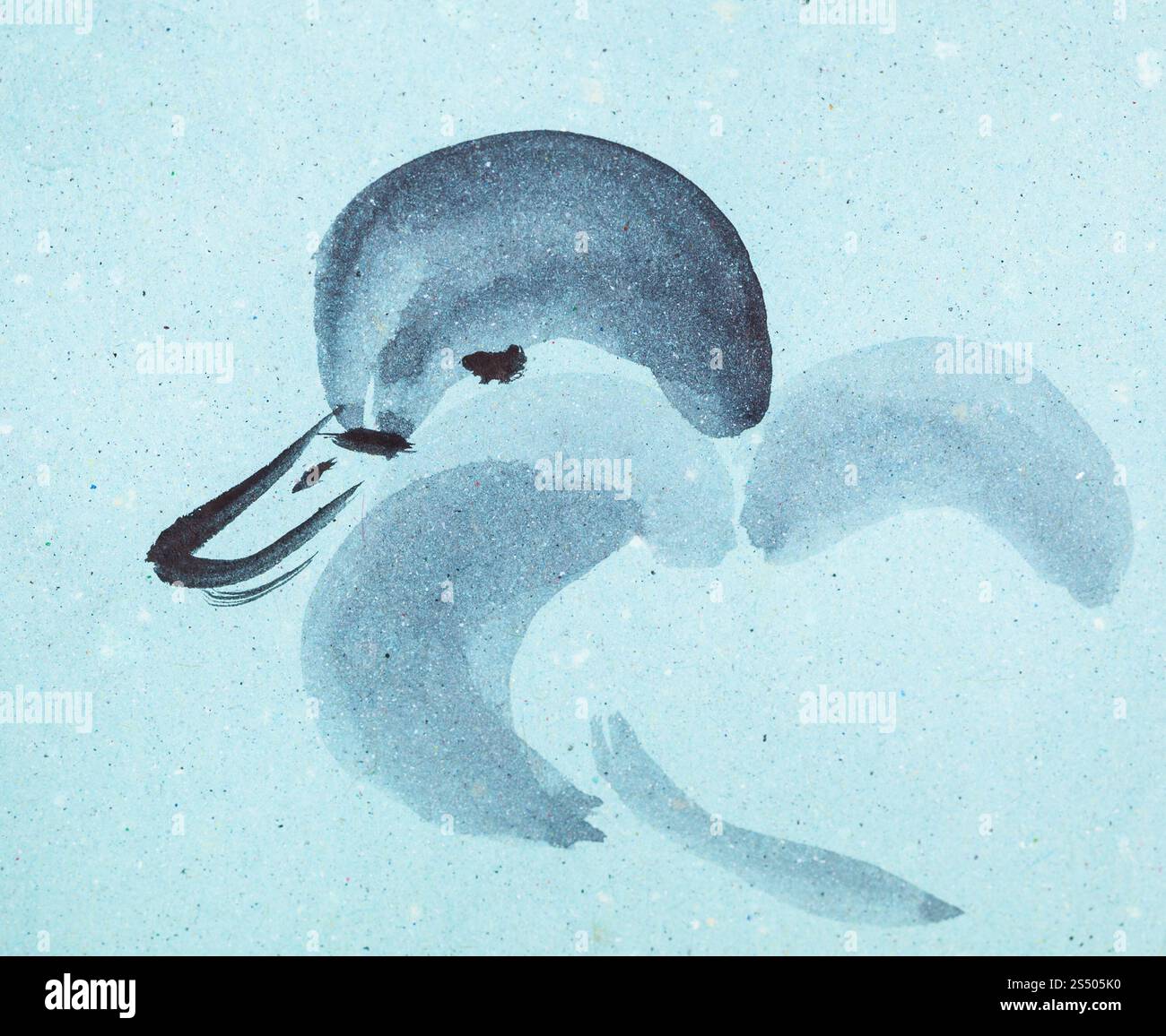 La formation en dessin suibokuga with style - croquis de canard sur du papier de couleur bleu Banque D'Images