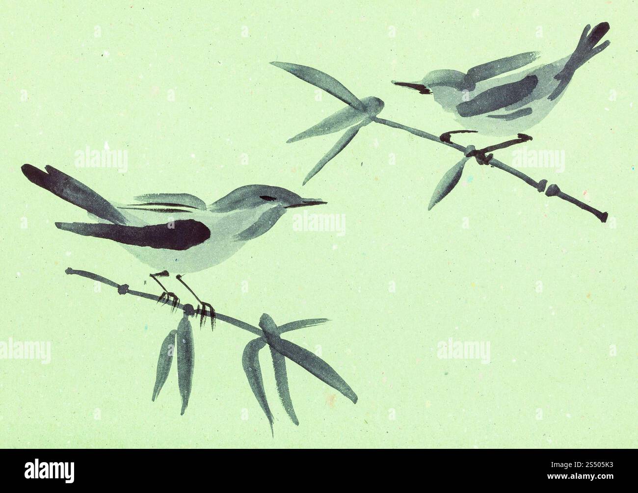 La formation en dessin suibokuga with style - esquisses d'oiseaux sur les brindilles sur du papier de couleur verte Banque D'Images