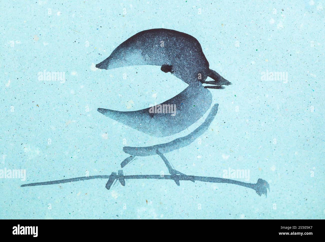 La formation en dessin suibokuga with style - Sparrow on twig sur du papier de couleur bleu Banque D'Images