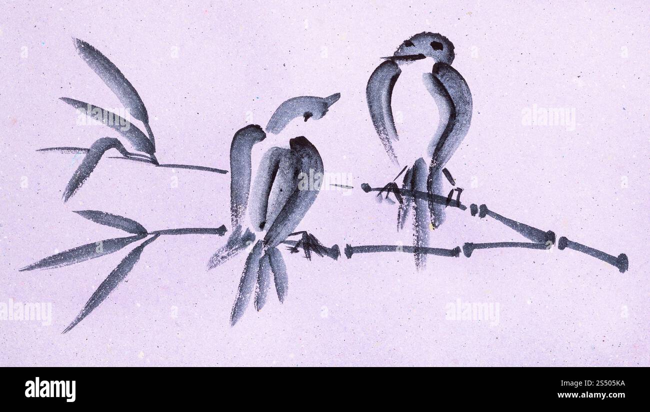 La formation en dessin suibokuga with style - esquisses d'oiseaux on twig sur du papier de couleur rose Banque D'Images