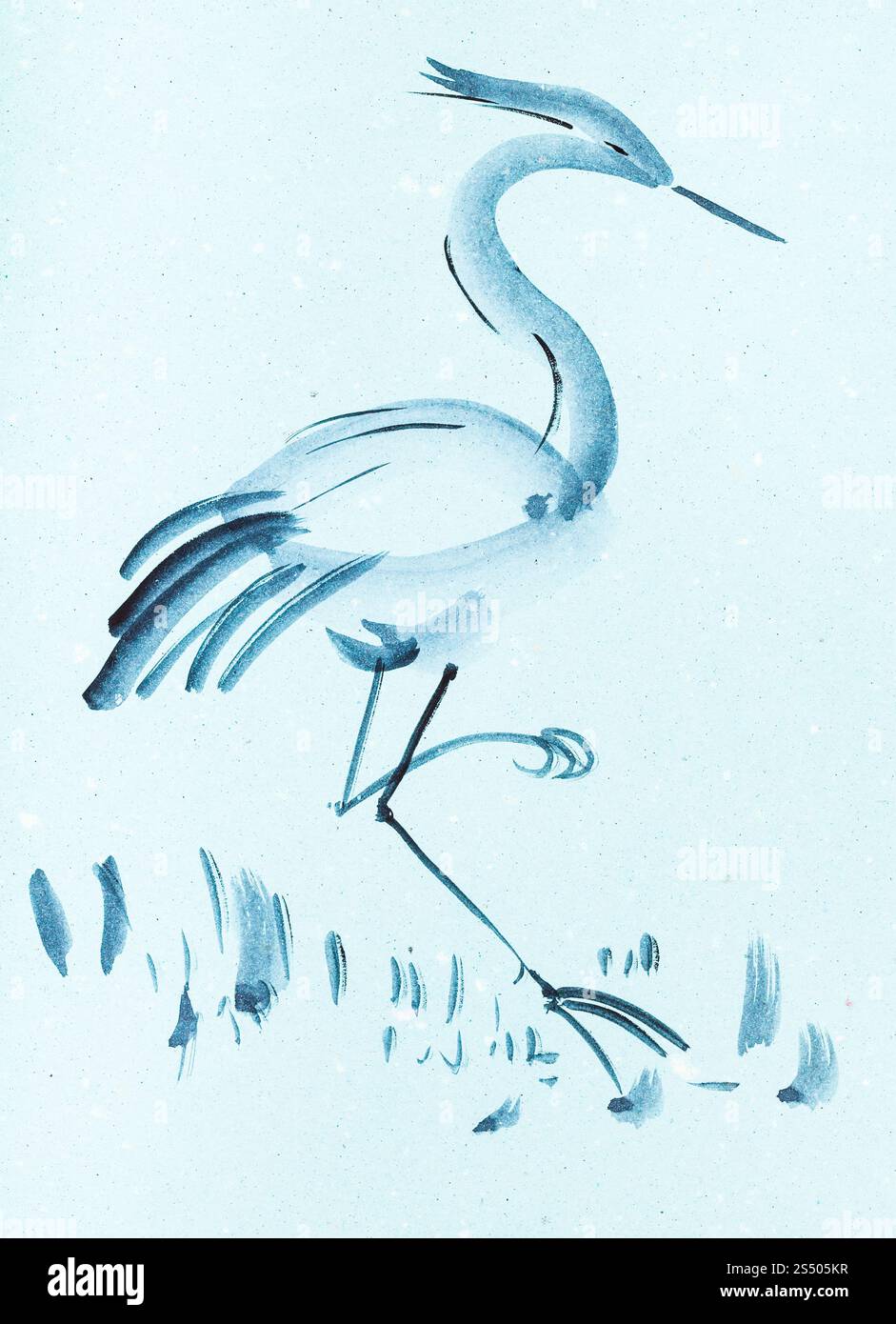 La formation en dessin suibokuga with style - oiseau heron sur du papier de couleur bleu Banque D'Images