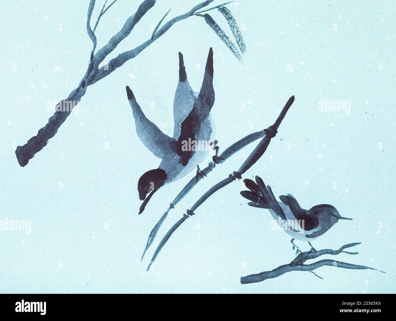 La formation en dessin suibokuga with style - esquisses d'oiseaux sur les brindilles sur du papier de couleur bleu Banque D'Images