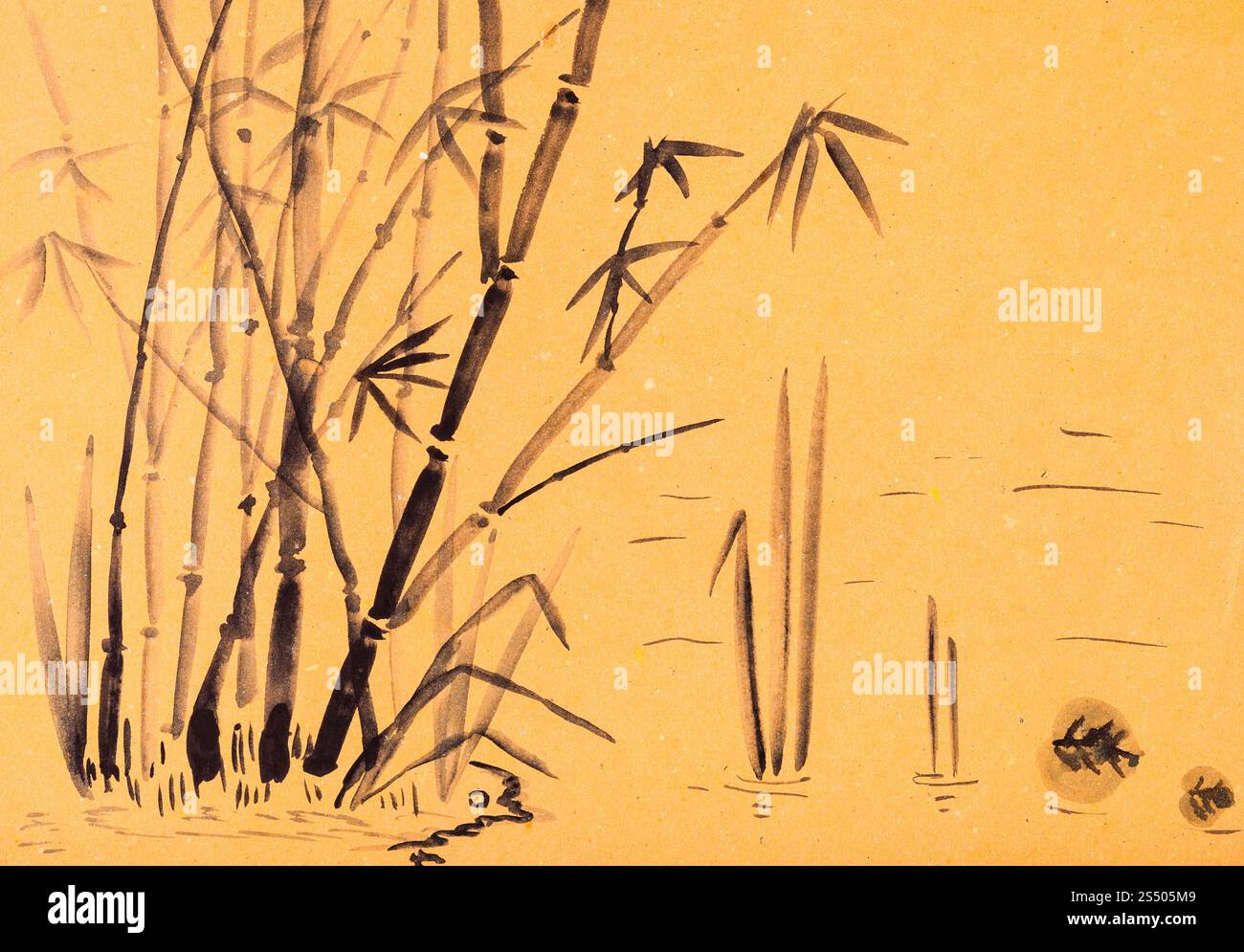 La formation en dessin suibokuga with style - canne à sucre dans l'eau du lac sur du papier de couleur orange Banque D'Images