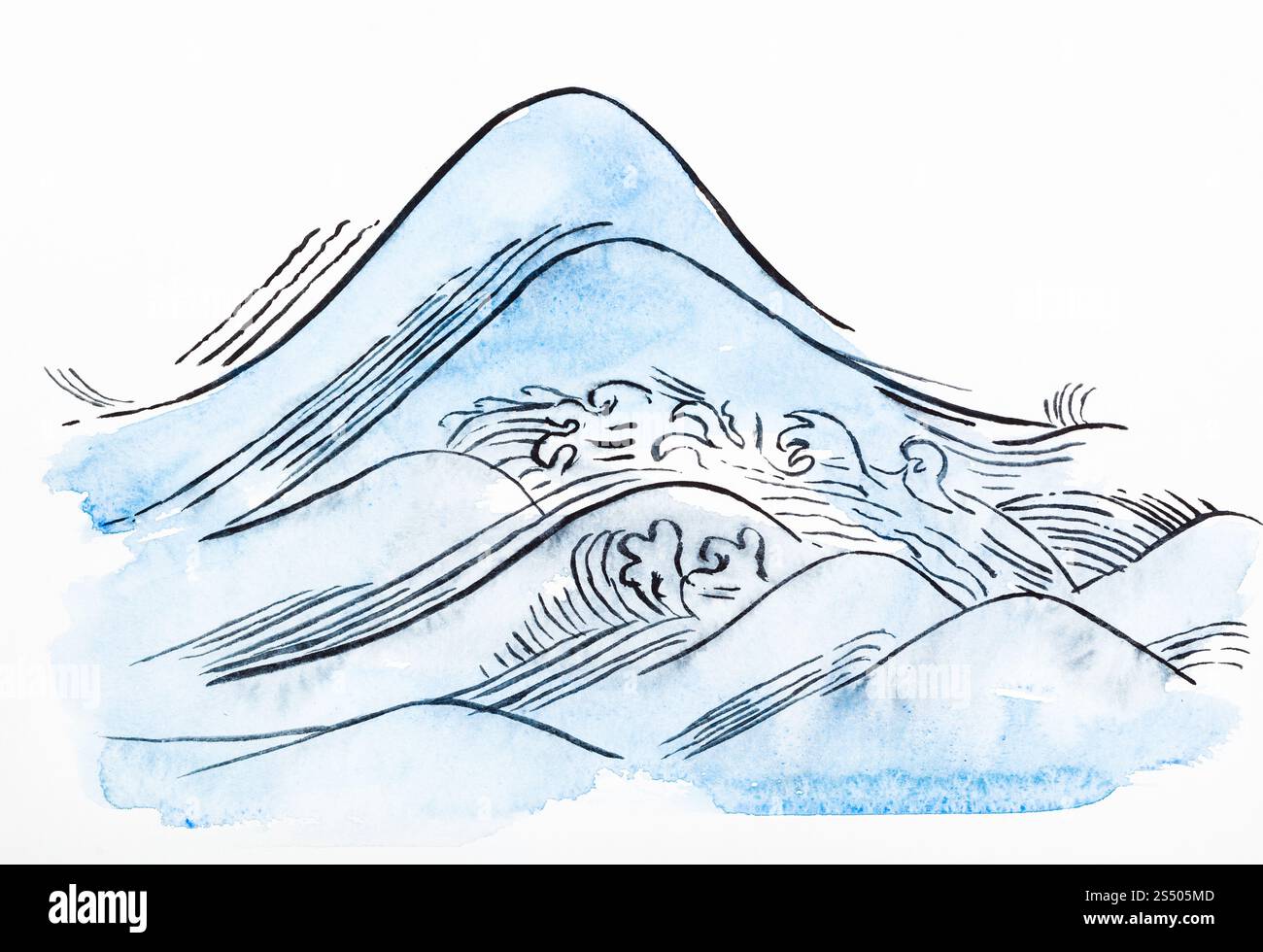 La formation en dessin suibokuga with style - vagues bleu sur papier blanc Banque D'Images