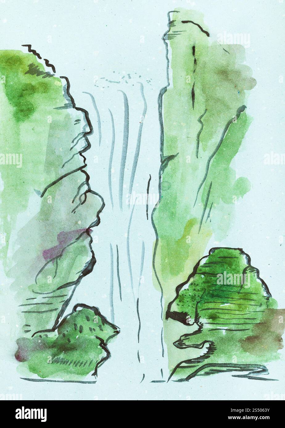 La formation en dessin suibokuga with style - vue de cascade sur du papier de couleur bleu Banque D'Images