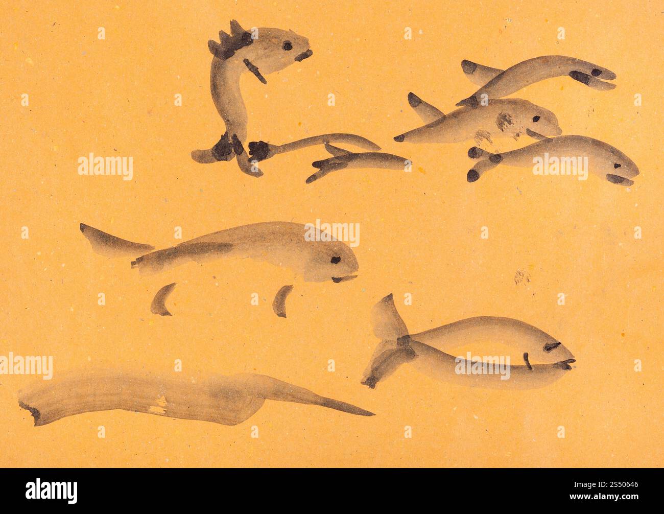 La formation en dessin suibokuga with style - Esquisses de poissons sur du papier de couleur orange Banque D'Images