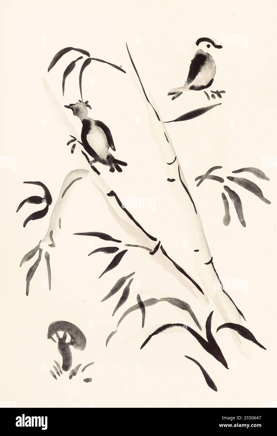 La formation en dessin suibokuga with style - Oiseaux du bambou et champignons sur du papier de couleur ivoire Banque D'Images