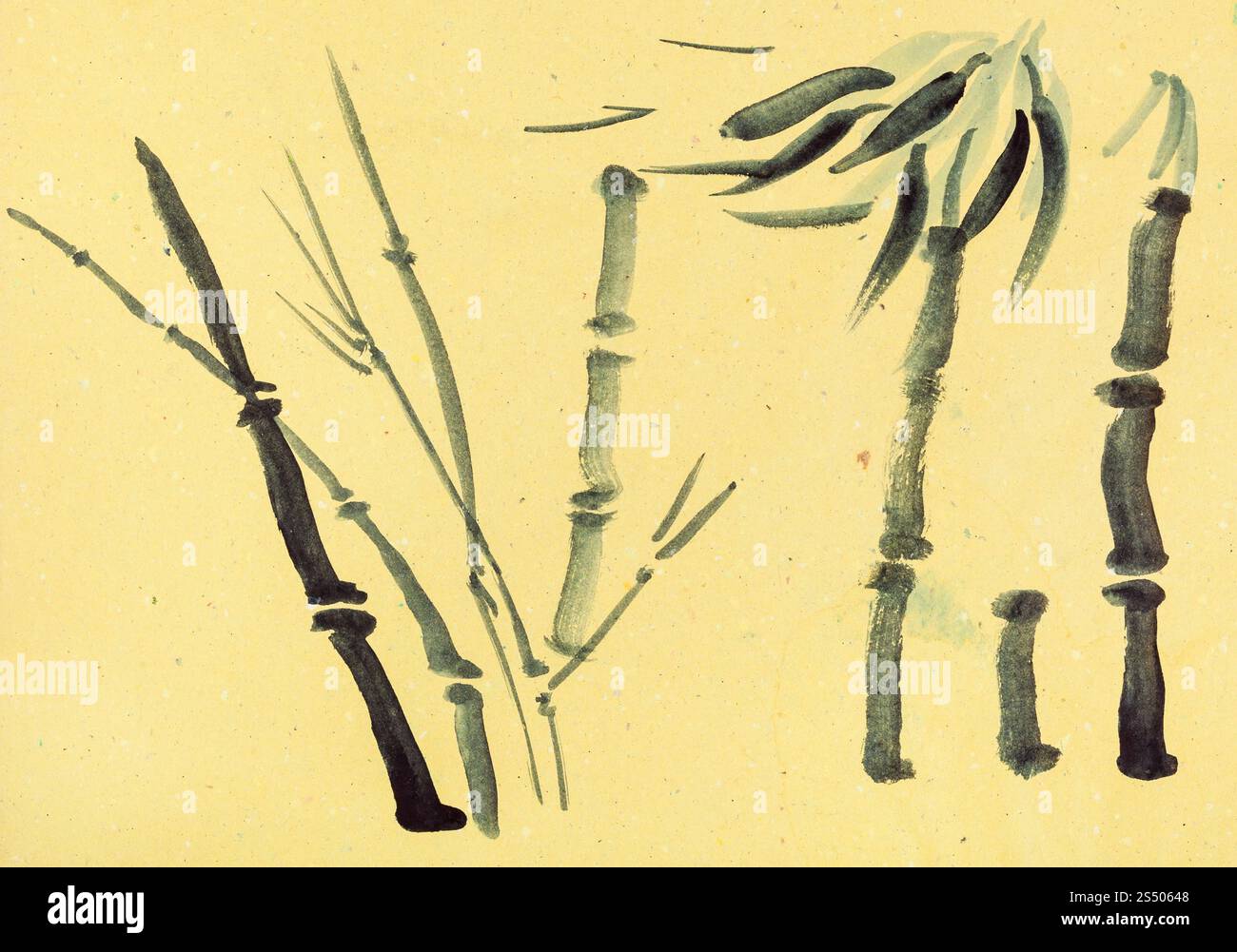 La formation en dessin suibokuga with style - esquisses de la canne à sucre et de palmier sur du papier de couleur jaune Banque D'Images