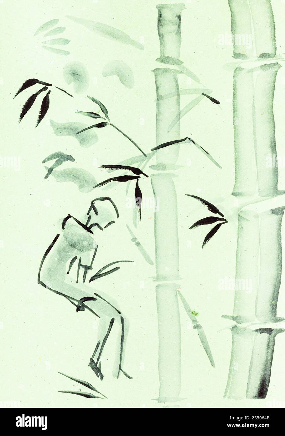 La formation en dessin suibokuga with style - femme et bambou sur du papier de couleur verte Banque D'Images