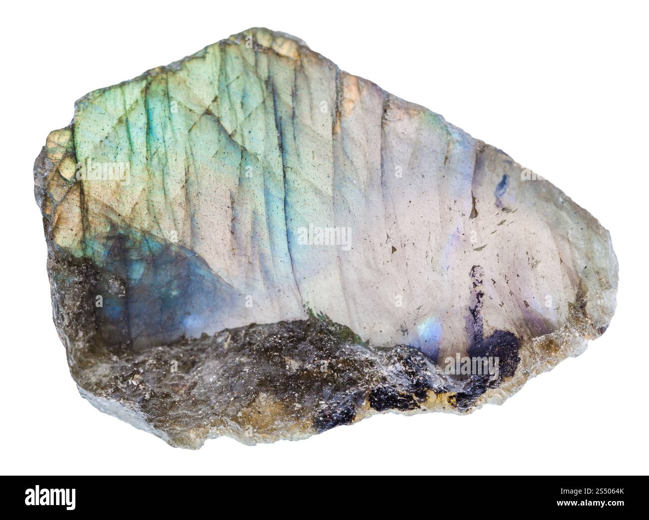 La prise de vue macro des eaux minérales naturelles rock - LABRADOR (pierre) labradorite avec surface polie de isolé sur fond blanc de Madagascar Banque D'Images