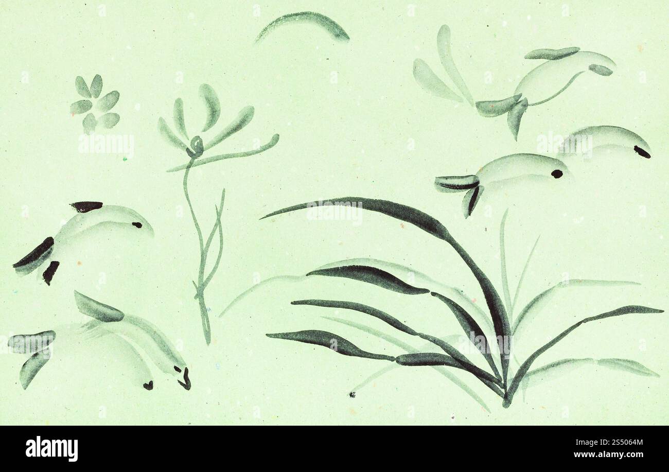 La formation en dessin suibokuga with style - pinceau pour les fleurs, l'herbe, les poissons sur du papier de couleur verte Banque D'Images