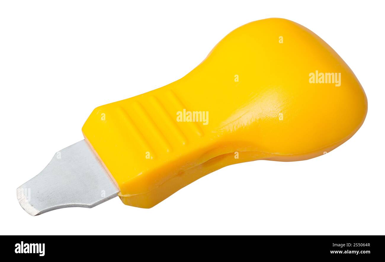 Atelier horloger - télévision ouvreur avec poignée jaune pour ouvrir le couvercle arrière d'une montre-bracelet isolé sur fond blanc Banque D'Images