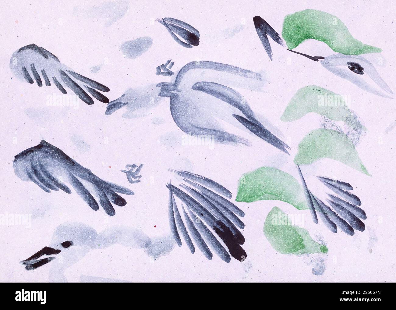 La formation en dessin suibokuga with style - pinceau pour les oiseaux sur papier de couleur rose Banque D'Images
