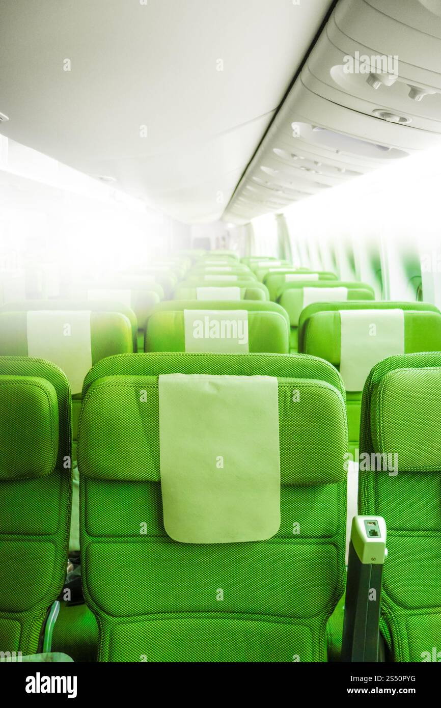 Green Airplane Seats en cabine. Vue intérieure. Sièges d'avion en cabine Banque D'Images