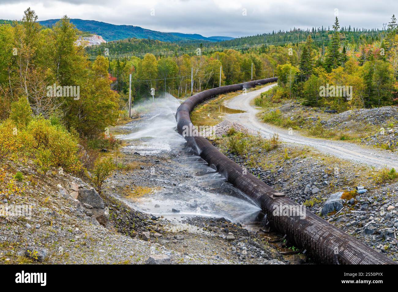 Une vue au-dessus d'un virage montrant des fuites importantes dans une conduite d'eau à lamelles de bois au-dessus de Corner Brook à Terre-Neuve, Canada à l'automne Banque D'Images