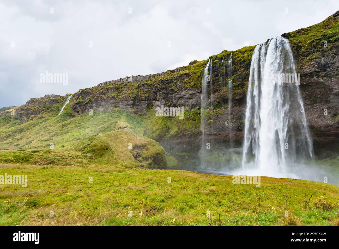 Voyage en Islande - vue de la cascade Seljalandsfoss de la rivière Seljalands dans Katla Geopark sur la côte sud de l'Atlantique islandais en automne Banque D'Images