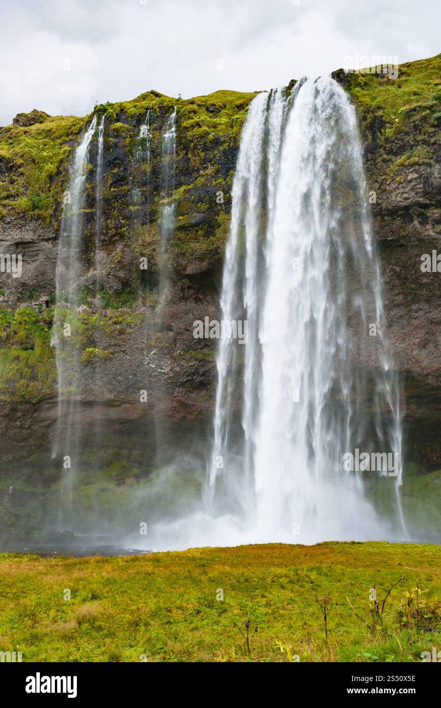Voyage en Islande - chute d'eau Seljalandsfoss de la rivière Seljalands dans le géoparc Katla sur la côte sud de l'Atlantique islandais en septembre Banque D'Images