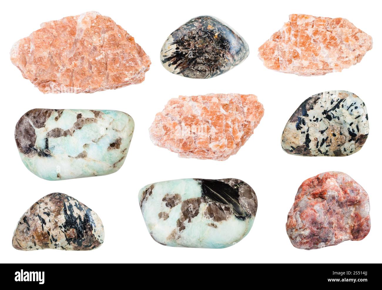 Collection de spécimens de minéraux naturels - diverses roches Pegmatite isolé sur fond blanc Banque D'Images