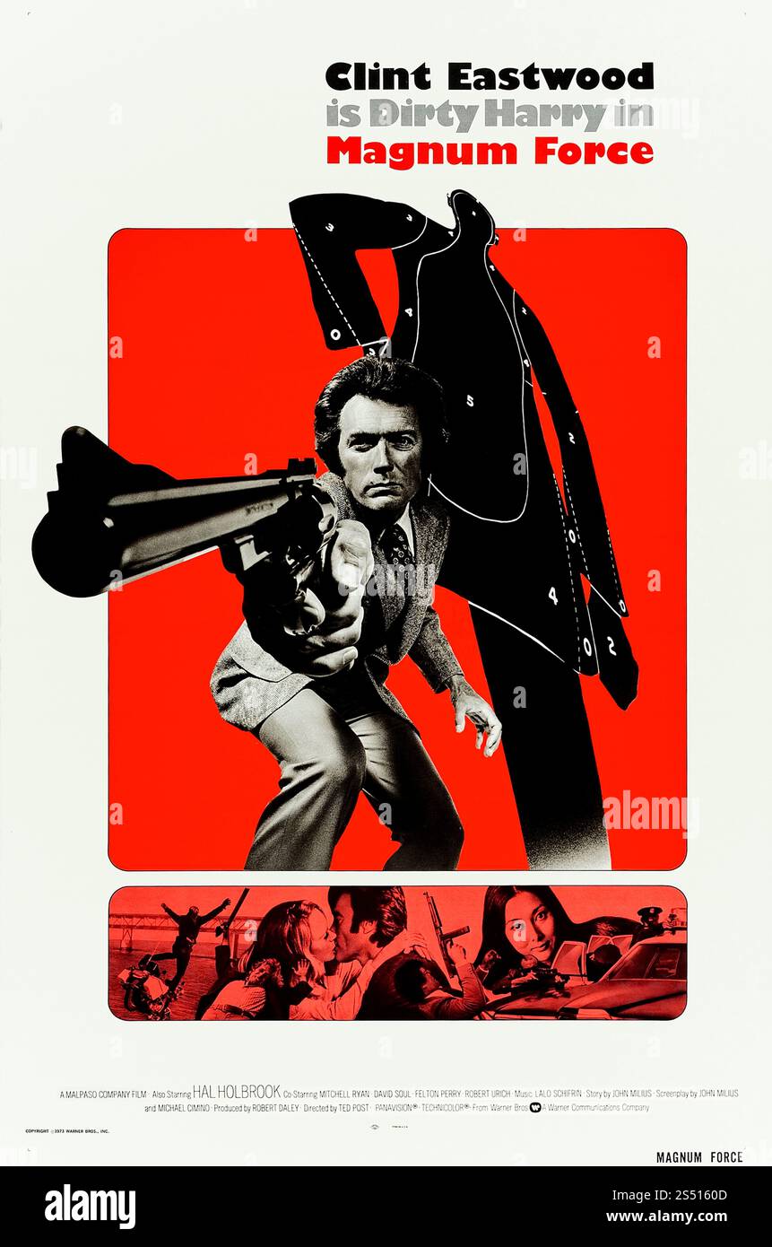 Magnum Force (1973) réalisé par Ted Post et mettant en vedette Clint Eastwood, Hal Holbrook et Mitchell Ryan. L'inspecteur 'Dirty' Harry Callahan enquête sur un complot de policiers de justiciers qui tuent des criminels à San Francisco. Photographie d'une affiche originale américaine d'une feuille de 1973 conçue par Bill Gold À USAGE ÉDITORIAL EXCLUSIF. Crédit : BFA / Warner Bros Banque D'Images