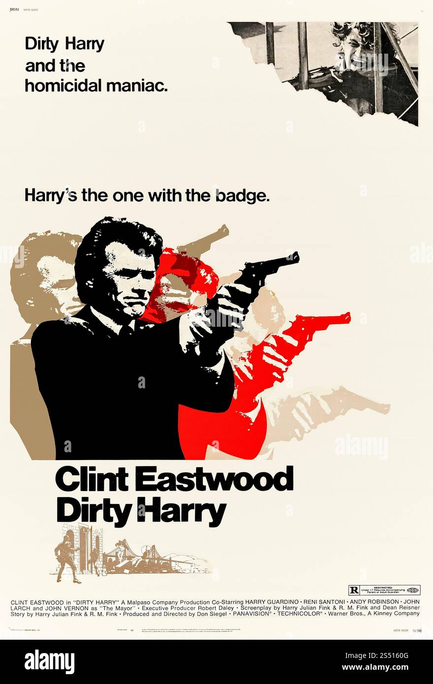 Dirty Harry (1971) réalisé par Don Siegel avec Clint Eastwood, Harry Guardino et Reni Santoni. Un dur flic de San Francisco poursuit un tueur psychopathique terrorisant la ville tout en luttant contre l'ingérence bureaucratique. Photographie d'une affiche américaine originale de 1971 À USAGE ÉDITORIAL EXCLUSIF. Crédit : BFA / Warner Bros Banque D'Images