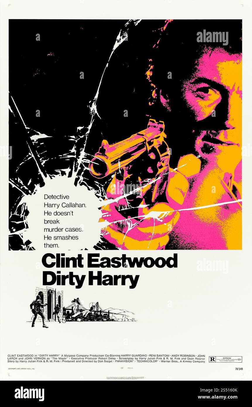 Dirty Harry (1971) réalisé par Don Siegel avec Clint Eastwood, Harry Guardino et Reni Santoni. Un dur flic de San Francisco poursuit un tueur psychopathique terrorisant la ville tout en luttant contre l'ingérence bureaucratique. Photographie d'une affiche originale américaine d'une feuille de 1971 conçue par Bill Gold À USAGE ÉDITORIAL EXCLUSIF. Crédit : BFA / Warner Bros Banque D'Images
