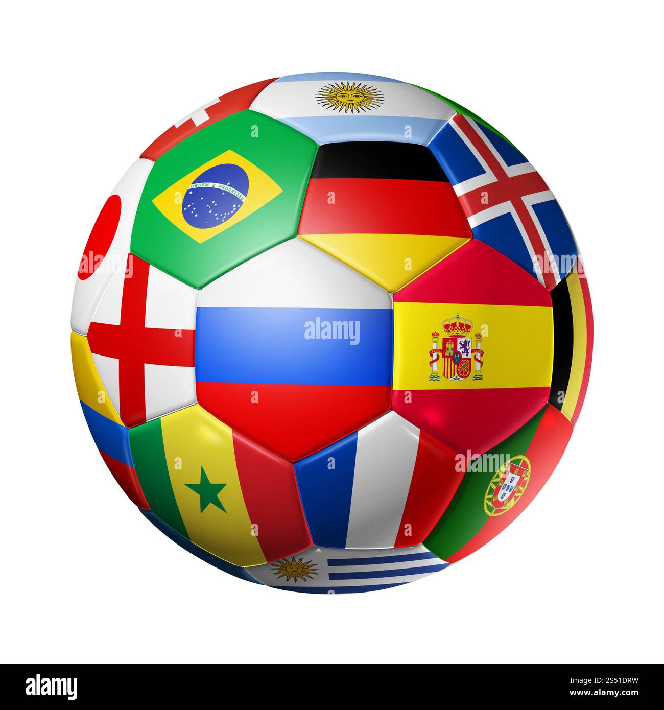 Russie 2018. Football ballon de football avec drapeaux de l'équipe nationale sur fond blanc. Ballon de football en 3D avec drapeaux de l'équipe nationale. Russie 2018. Banque D'Images