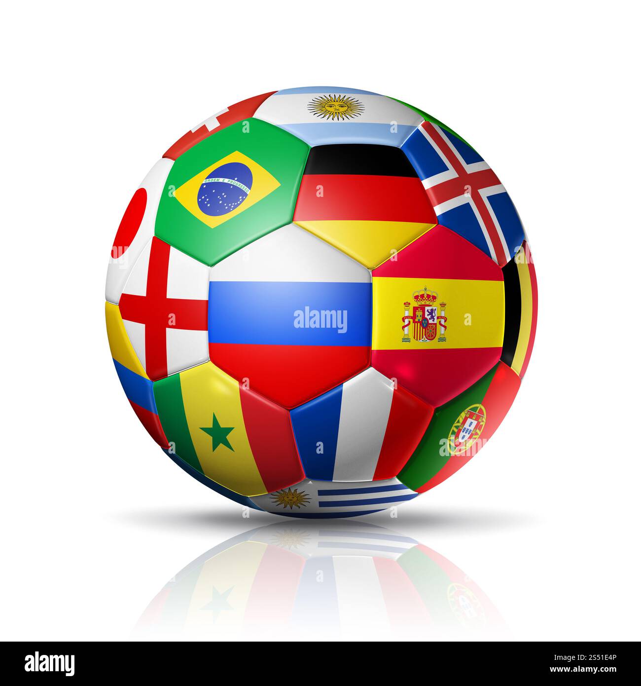 Russie 2018. Football ballon de football avec drapeaux de l'équipe nationale sur fond blanc. Ballon de football en 3D avec drapeaux de l'équipe nationale. Russie 2018. Banque D'Images