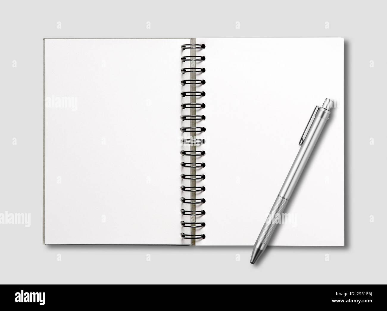 Carnet vierge à spirale ouverte et maquette de stylo isolé sur gris. Cahier à spirale ouverte vierge et stylo isolé sur gris Banque D'Images