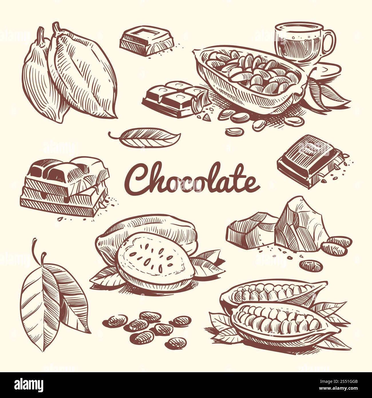 Cacao dessiné à la main, feuilles, graines de cacao, dessert sucré et barre de chocolat. Collection vectorielle de croquis de cacao. Dessin de chocolat sucré, esquisse illustration d'ingrédient de haricot brun. Cacao dessiné à la main, feuilles, graines de cacao, dessert sucré et barre de chocolat. Collection vectorielle de croquis de cacao Illustration de Vecteur