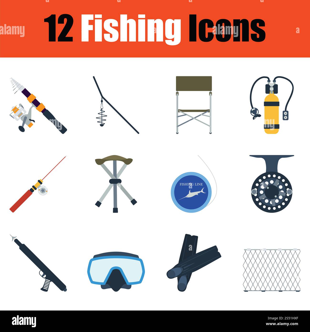 Icône de pêche définie. Design couleur. Illustration vectorielle. Banque D'Images